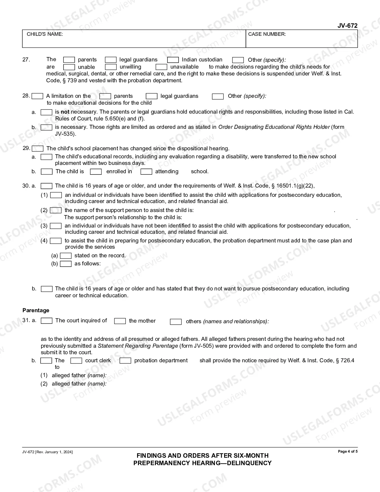 Preview Findings and Orders after Six Month Prepermanency Hearing - Delinquency