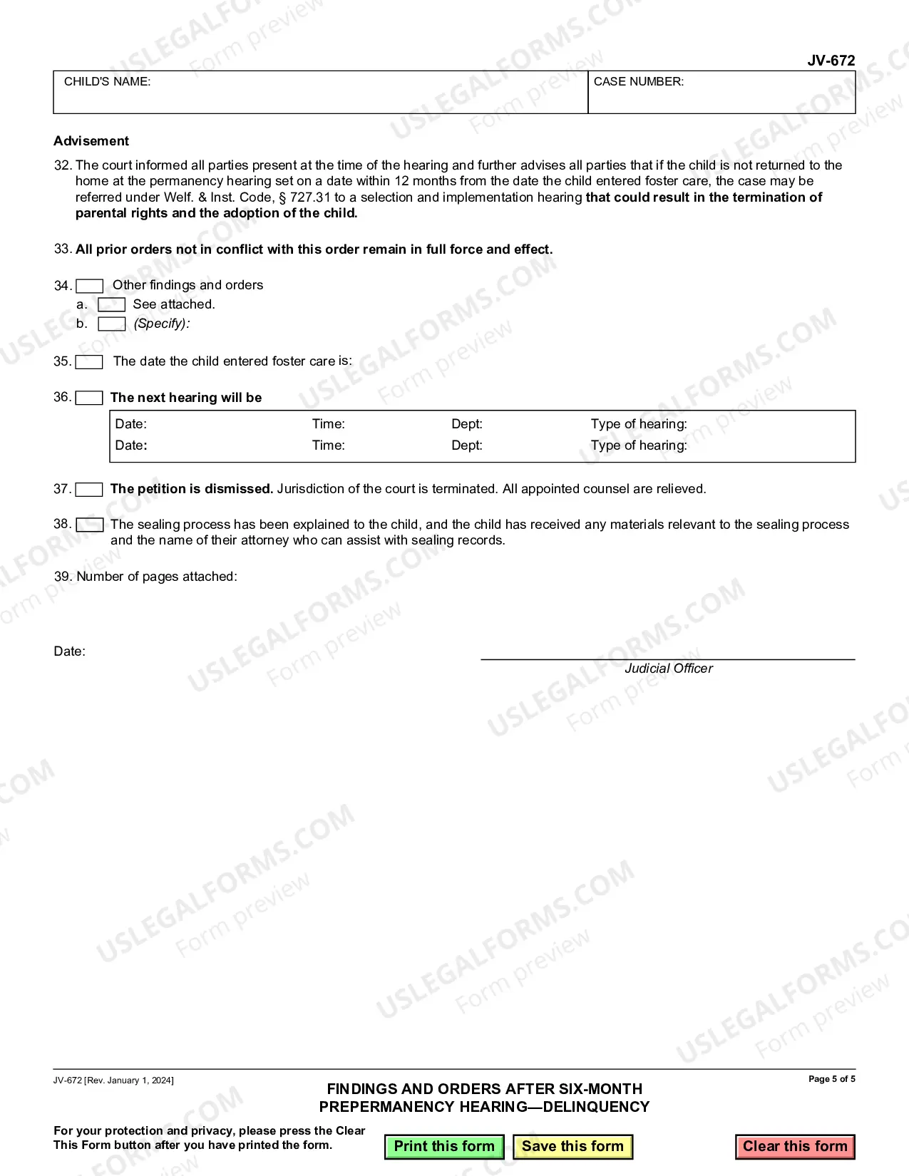Preview Findings and Orders after Six Month Prepermanency Hearing - Delinquency