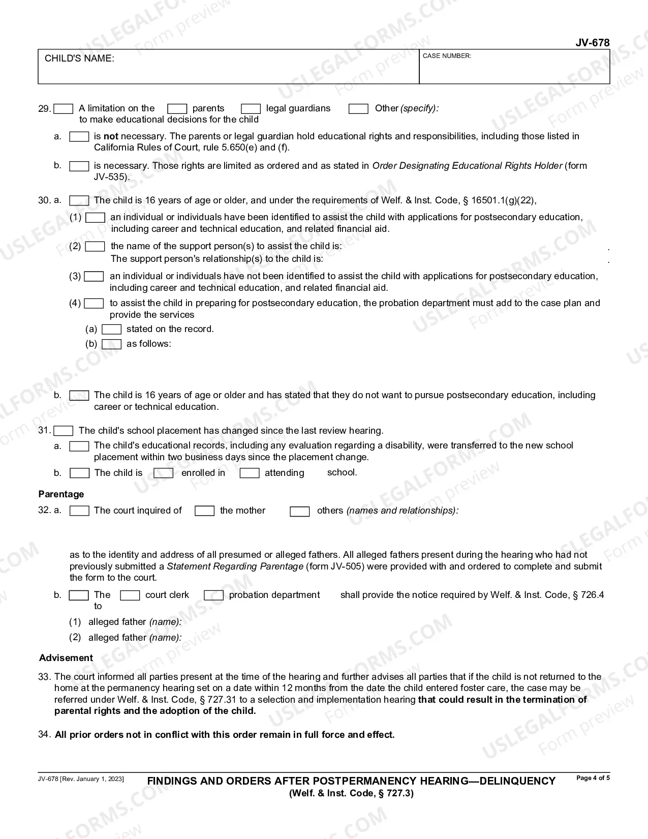Preview Findings and Orders after Postpermanency Hearing - Delinquency