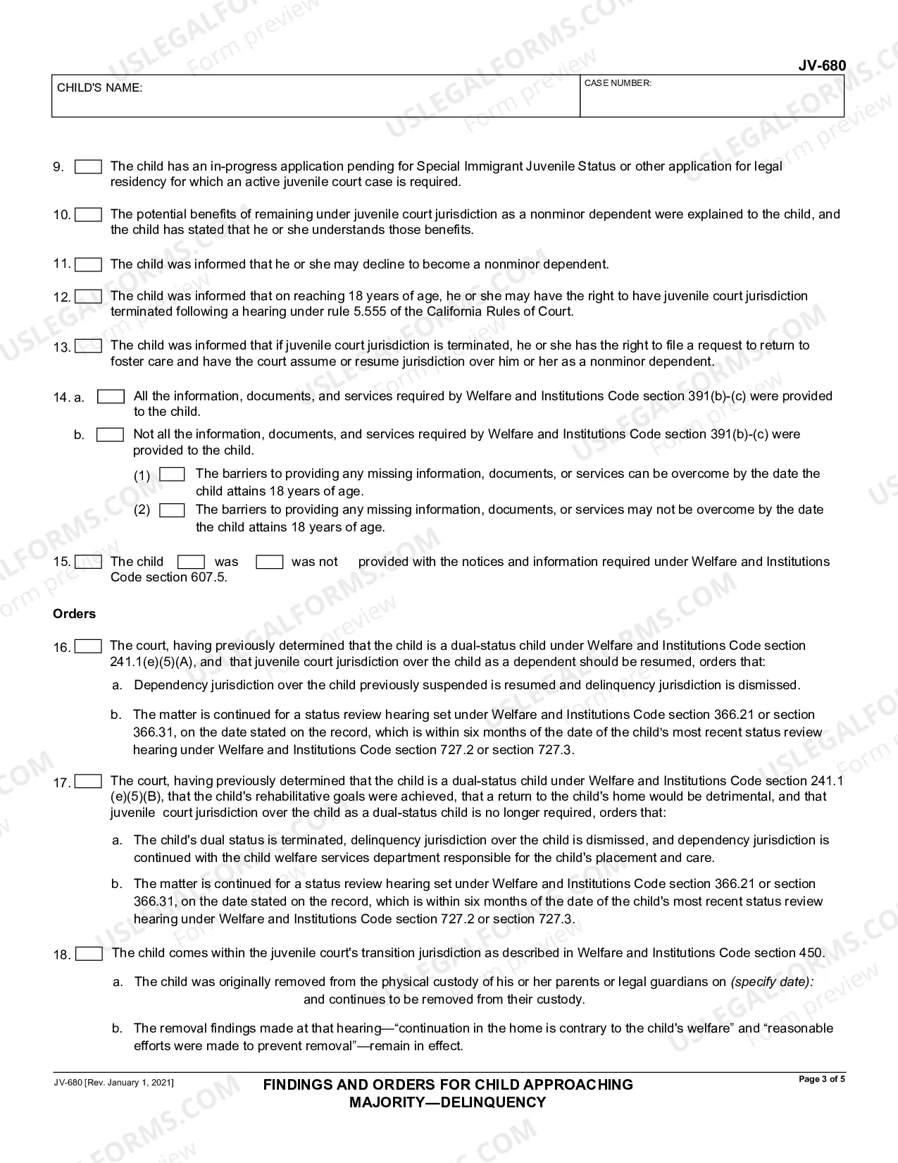Preview Findings and Orders for Child Approaching Majority - Delinquency