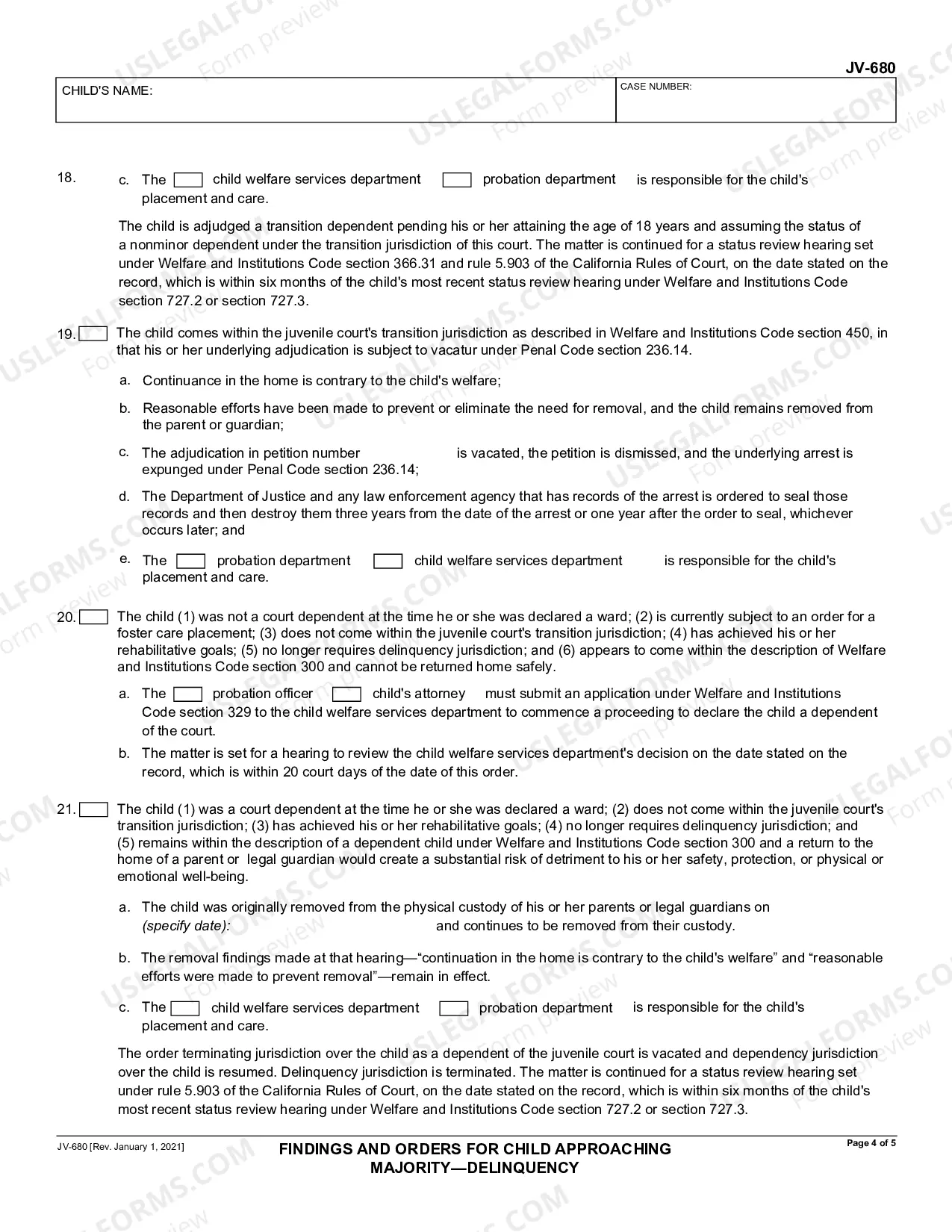 Preview Findings and Orders for Child Approaching Majority - Delinquency