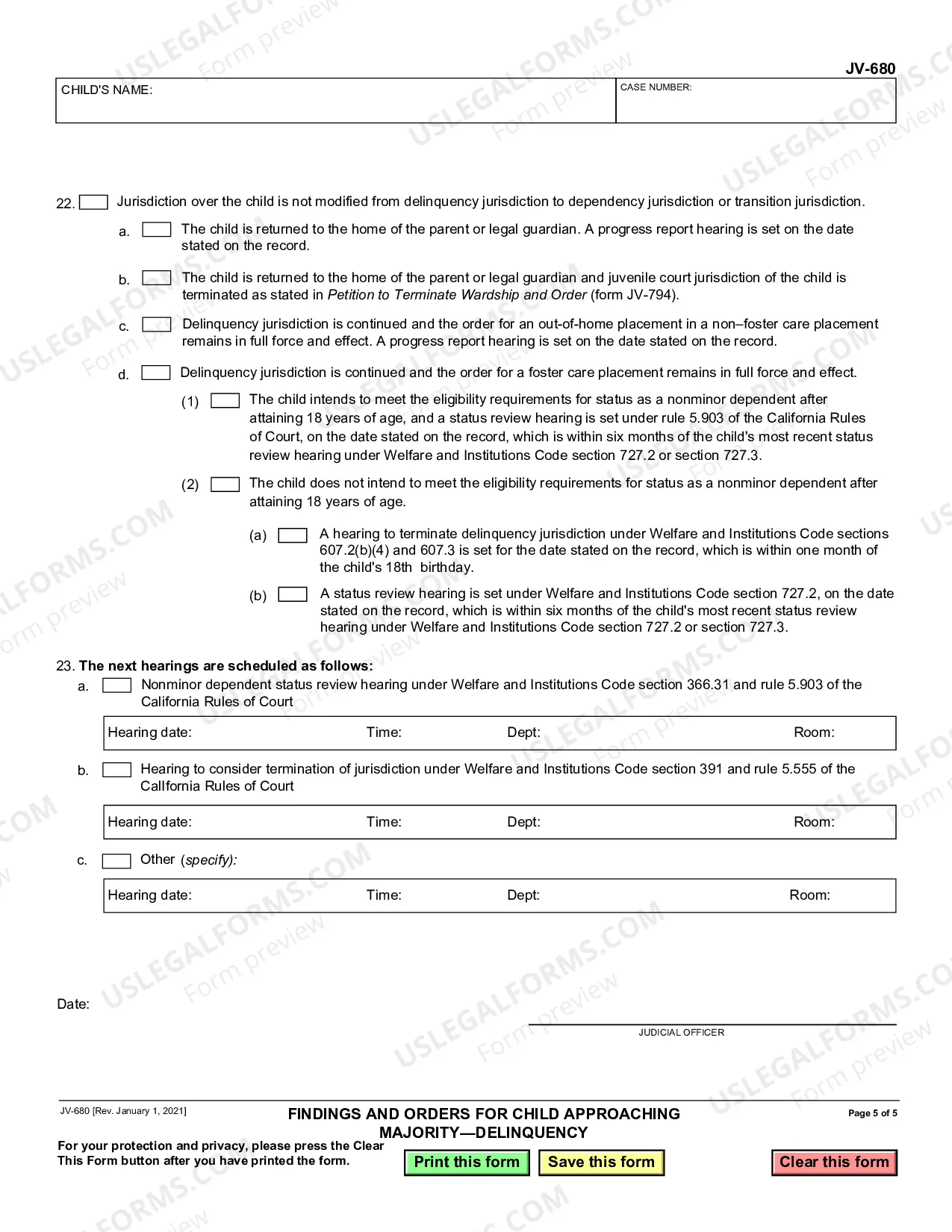Preview Findings and Orders for Child Approaching Majority - Delinquency