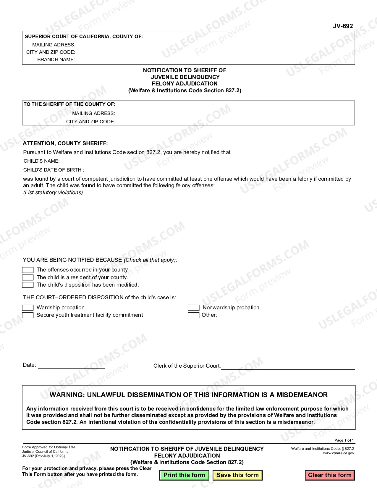 Preview Notification to Sheriff of Juvenile Delinquency Felony Adjudication - Welf. And Inst. Code Section 827.2