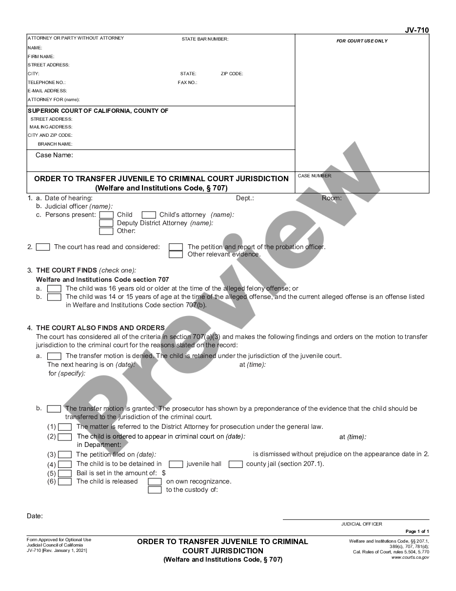 form Juvenile Fitness Hearing Order - Welfare and Institution Code Section 707 preview