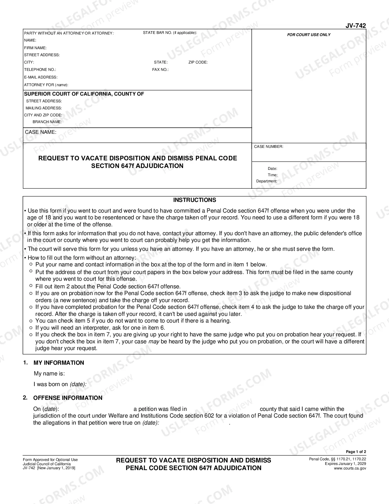 Preview Request to Vacate Disposition and Dismiss Penal Code Section 647f