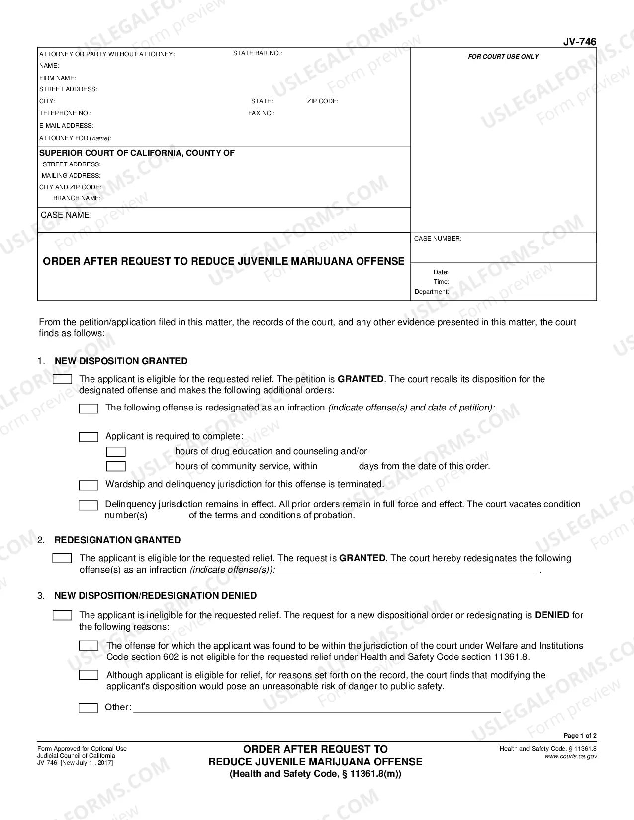 Preview Order after Request to Reduce Juvenile Marijuana Offense - Health and Safety Code 11361.8m