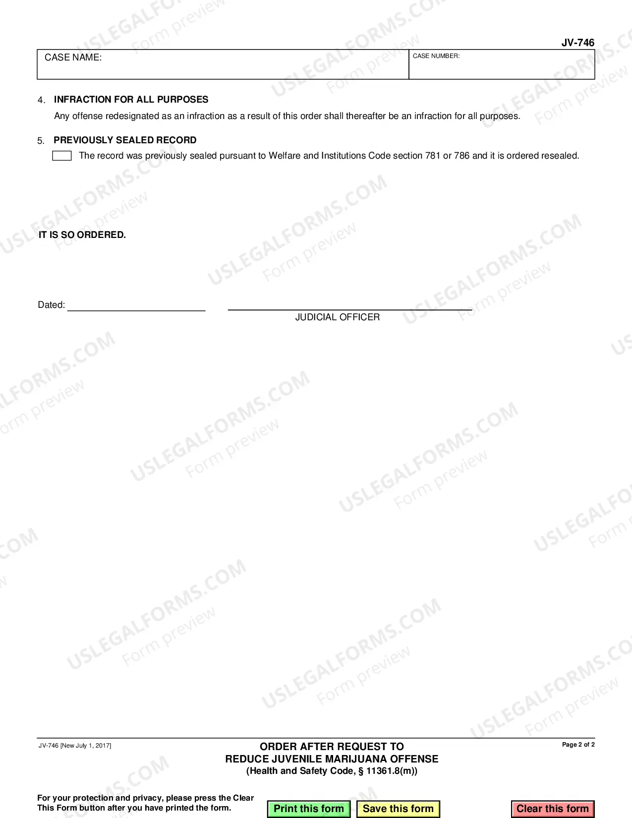 Preview Order after Request to Reduce Juvenile Marijuana Offense - Health and Safety Code 11361.8m