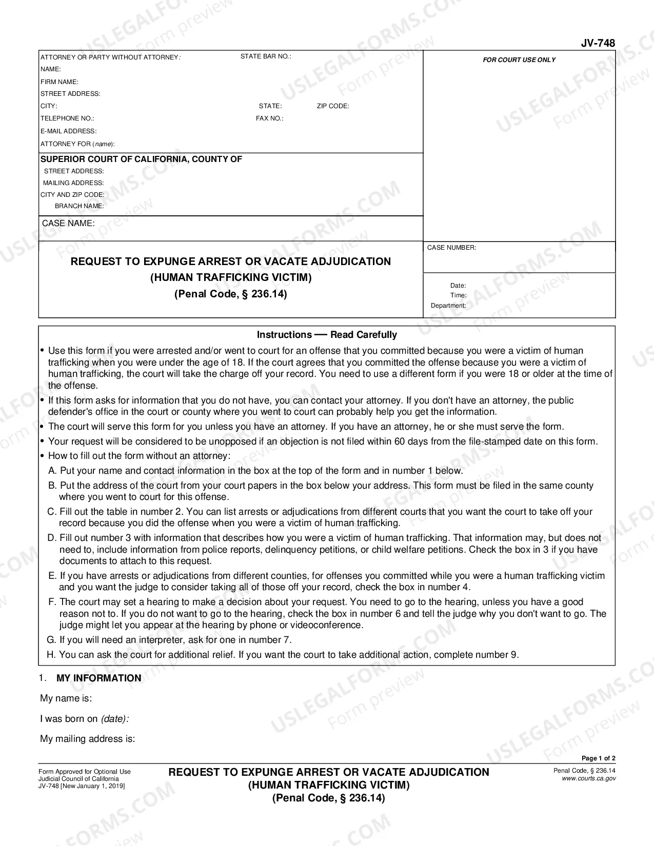 Preview Request to Expunge Arrest or Vacate Adjudication - Human Trafficking Victim - Penal Code 236.14