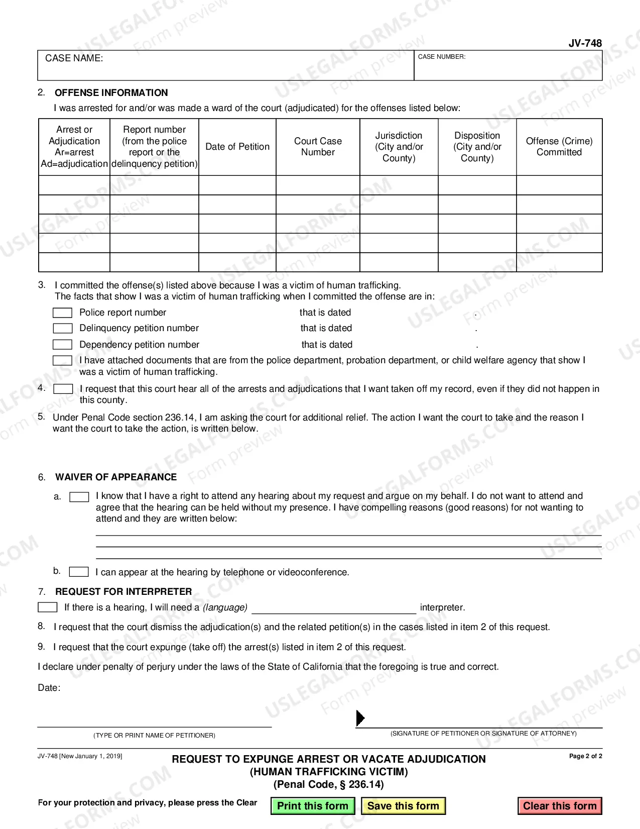 Preview Request to Expunge Arrest or Vacate Adjudication - Human Trafficking Victim - Penal Code 236.14