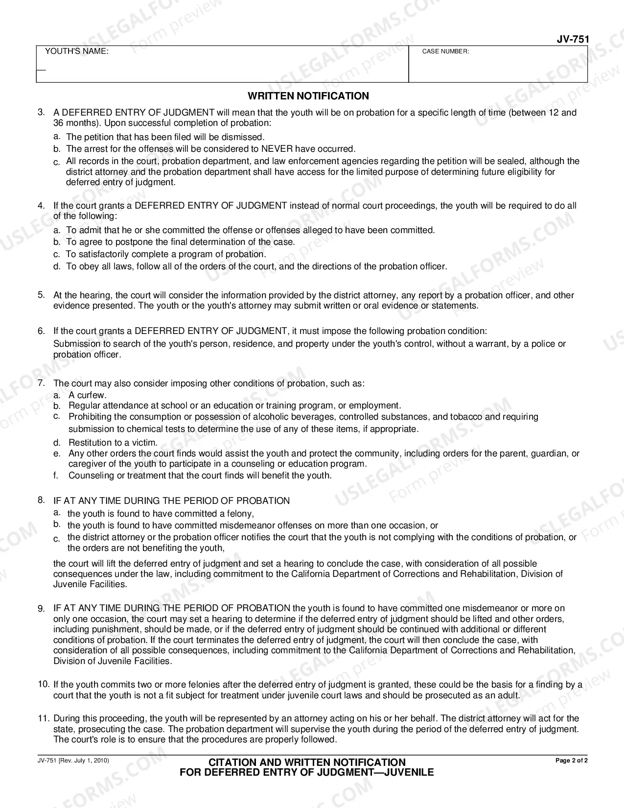 Preview Citation and Written Notification for Deferred Entry of Judgment