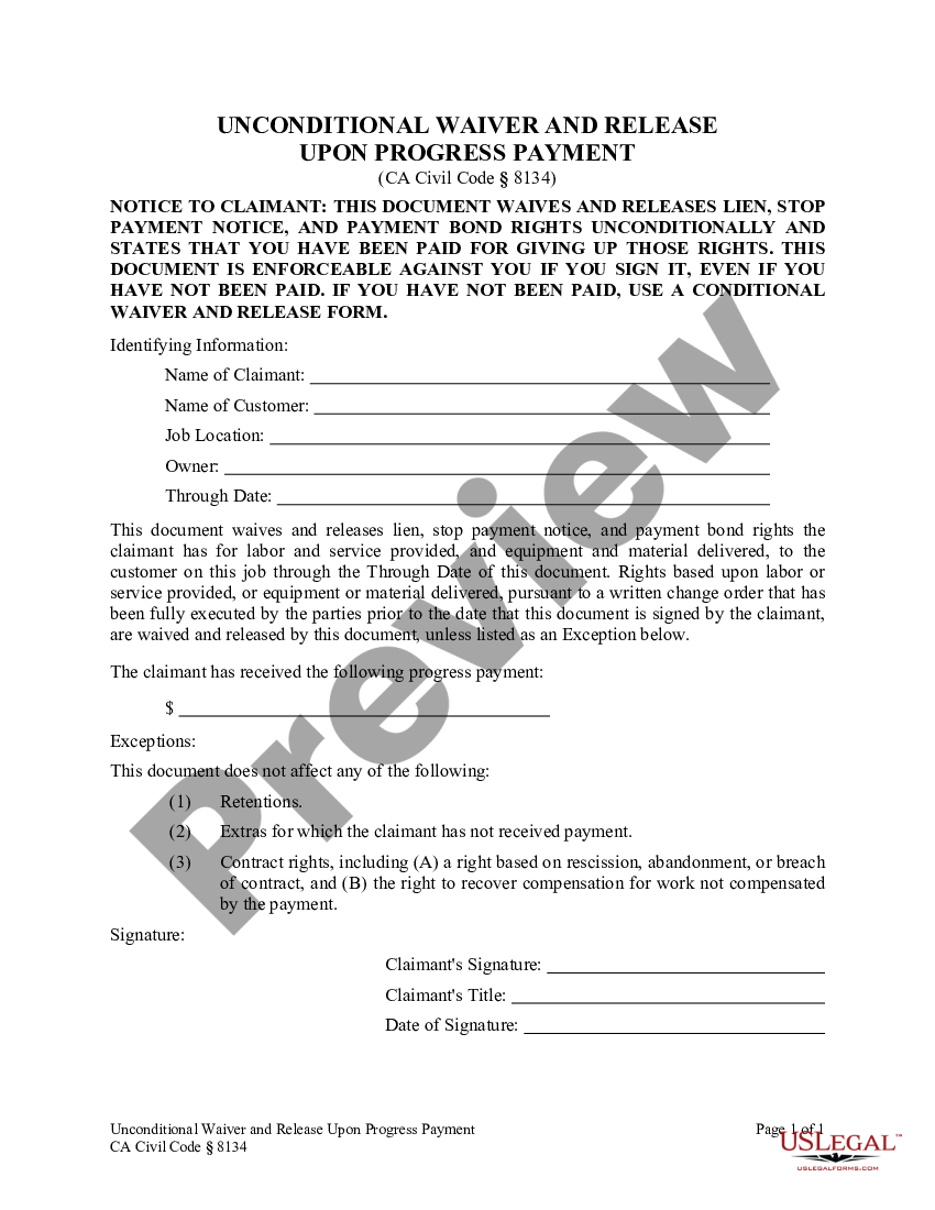 Oceanside California Unconditional Waiver And Release Upon Progress Payment Unconditional 2915