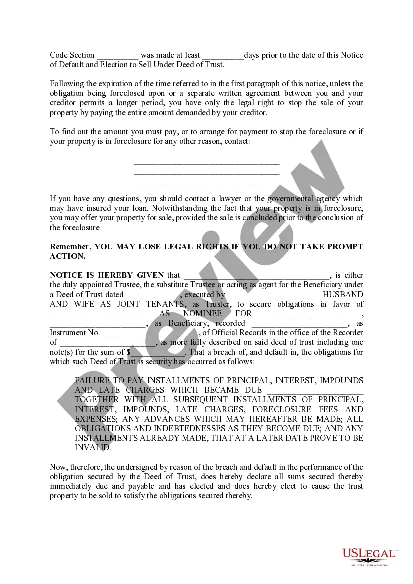 Get Notice of Default and Election to Sell Under Deed of Trust Preview Notice of Default and Election to Sell Under Deed of Trust