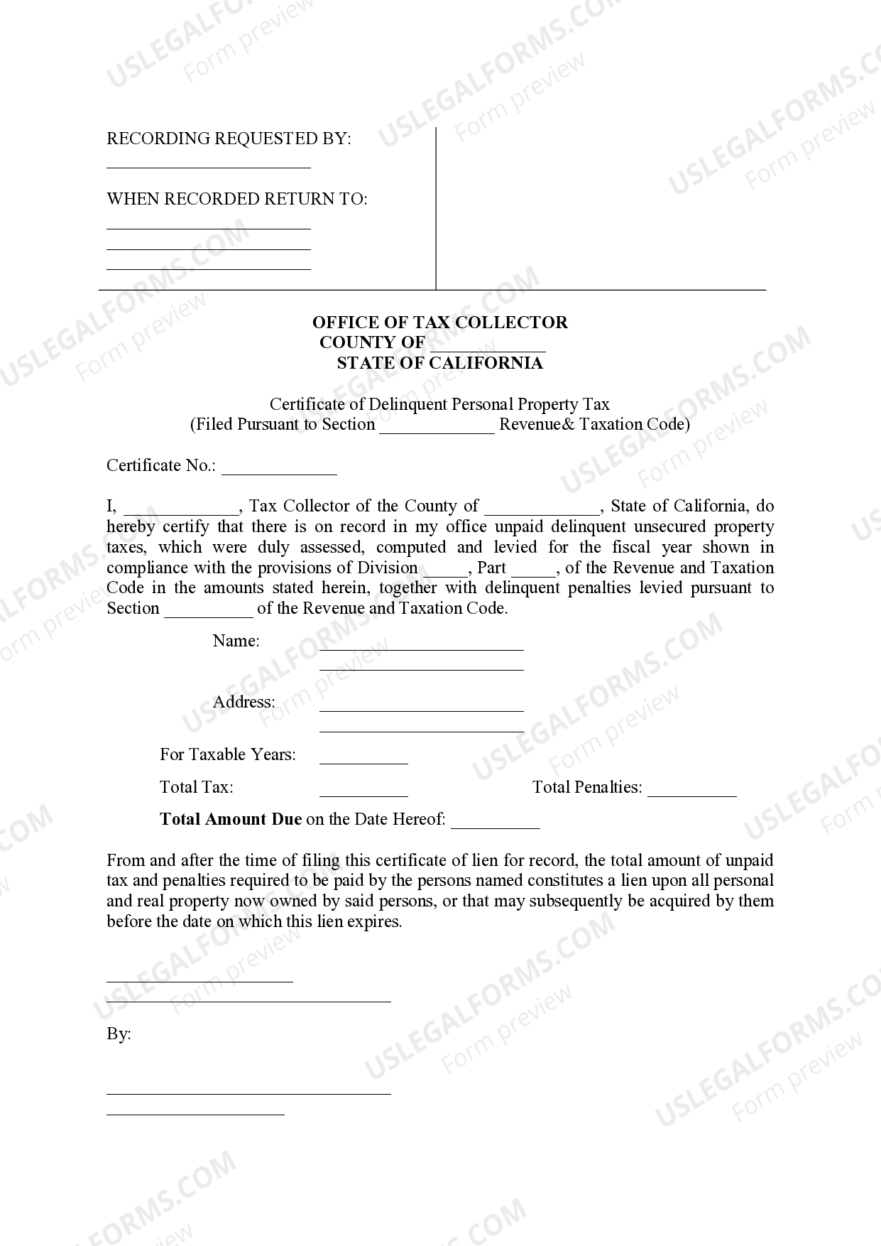 California Certificate of Delinquent Personal Property Tax California