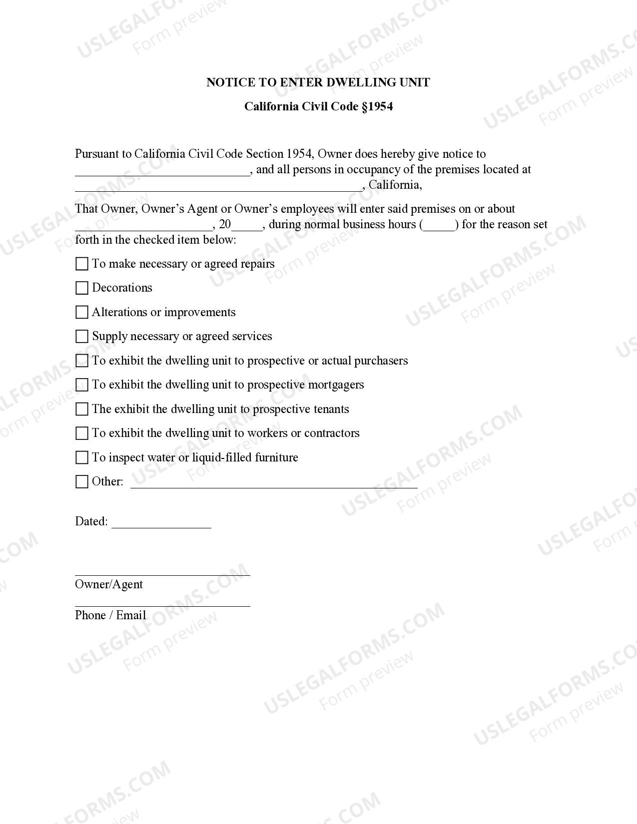 California Notice to Enter Dwelling Unit Notice Enter US Legal Forms