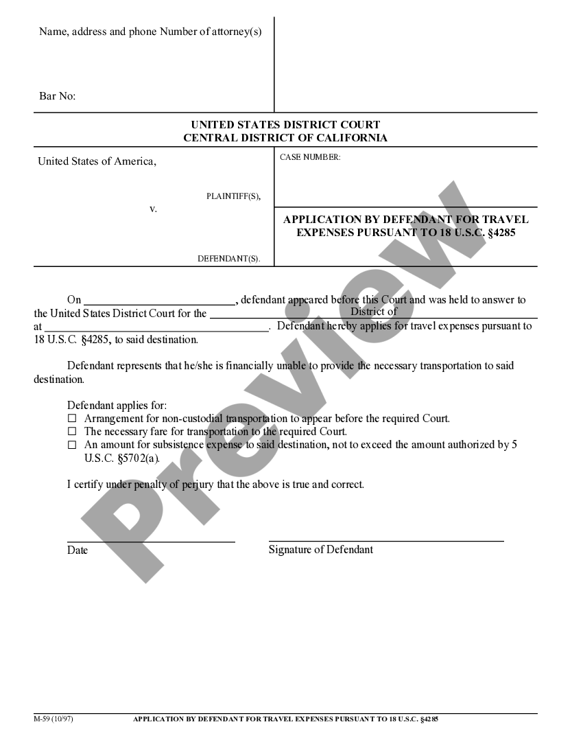 California Application by Defendant for Travel Expenses Pursuant to 18 ...