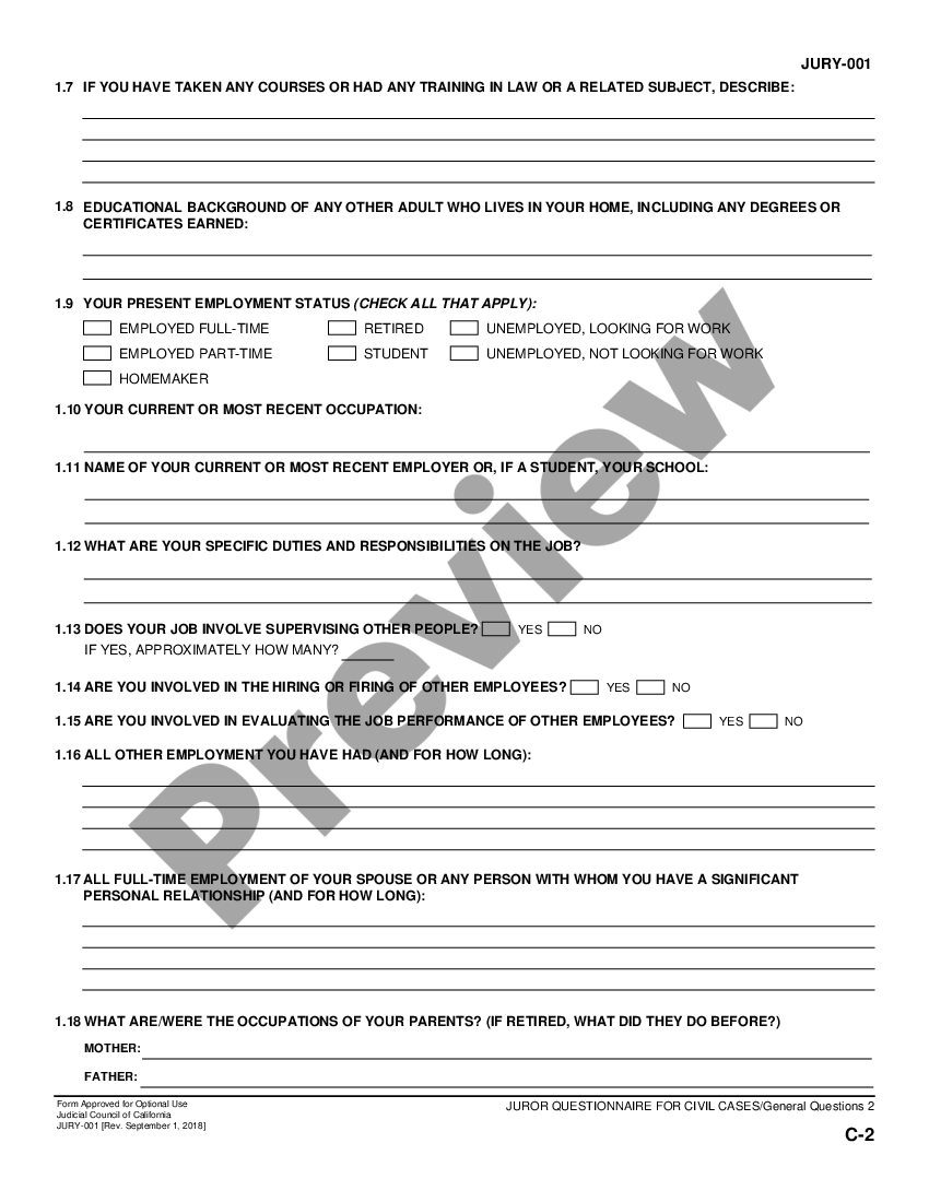 Jury Duty Questionnaire With No Child Care US Legal Forms