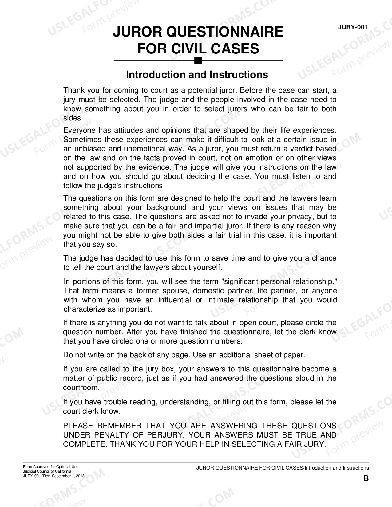 Preview Juror Questionnaire for Civil Cases - Use Notes, Instructions, General Questions, Personal Injury Supplement, Verification
