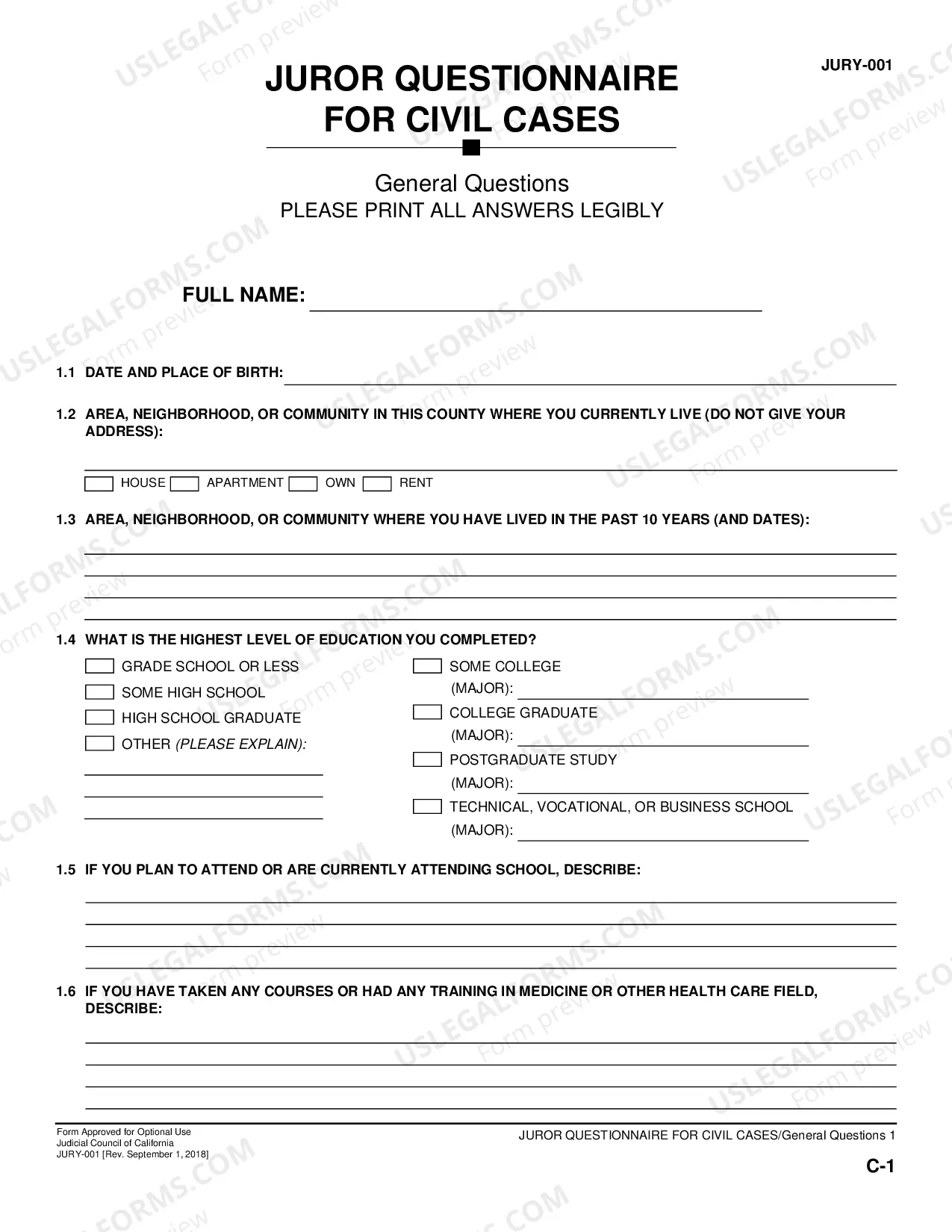 Preview Juror Questionnaire for Civil Cases - Use Notes, Instructions, General Questions, Personal Injury Supplement, Verification