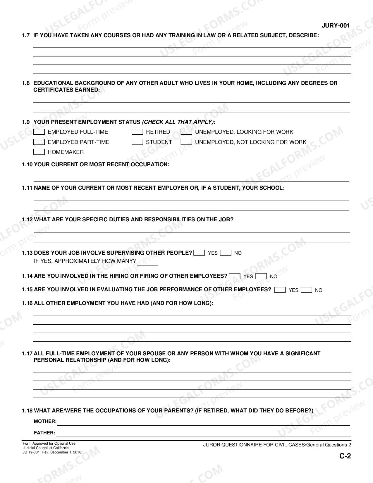Preview Juror Questionnaire for Civil Cases - Use Notes, Instructions, General Questions, Personal Injury Supplement, Verification