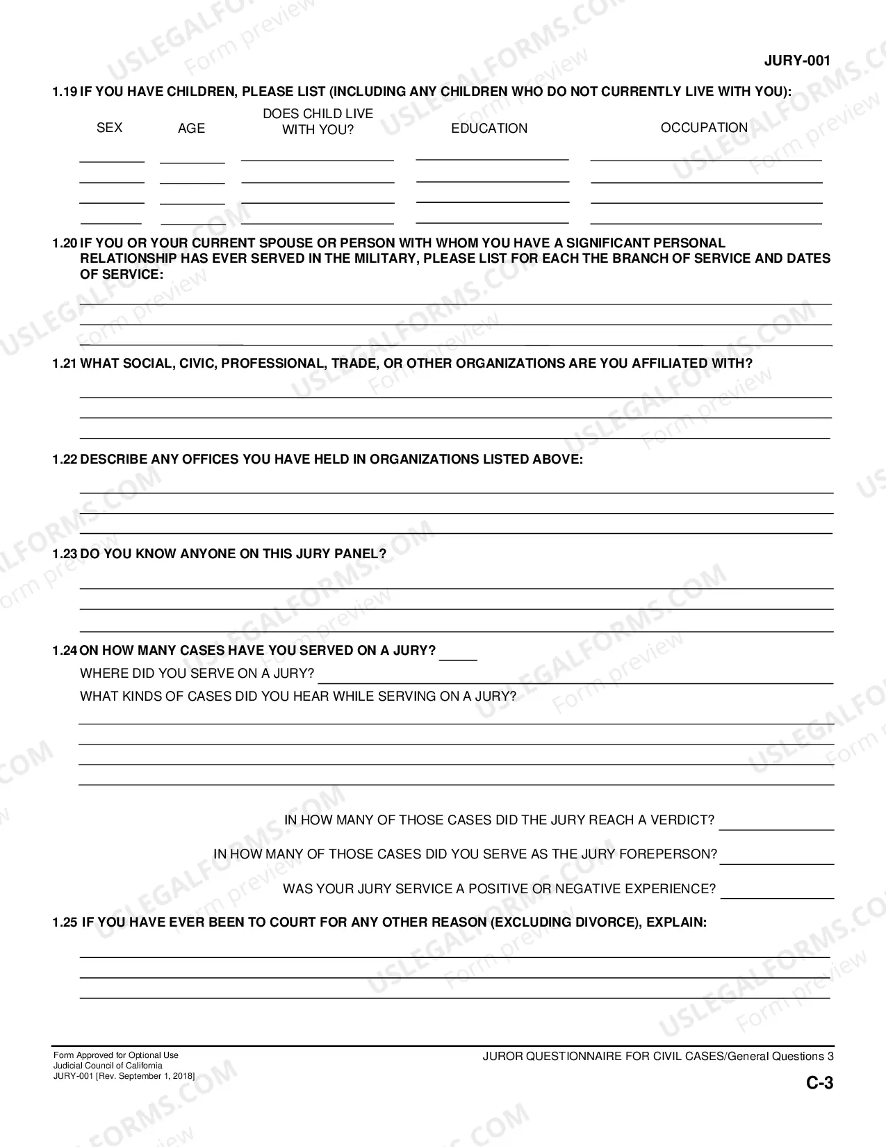 Preview Juror Questionnaire for Civil Cases - Use Notes, Instructions, General Questions, Personal Injury Supplement, Verification