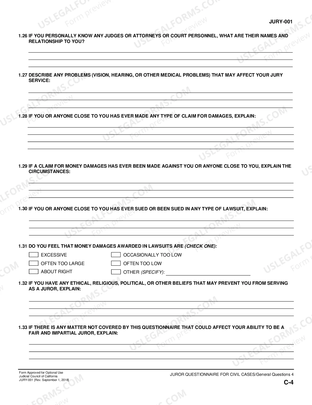 Preview Juror Questionnaire for Civil Cases - Use Notes, Instructions, General Questions, Personal Injury Supplement, Verification
