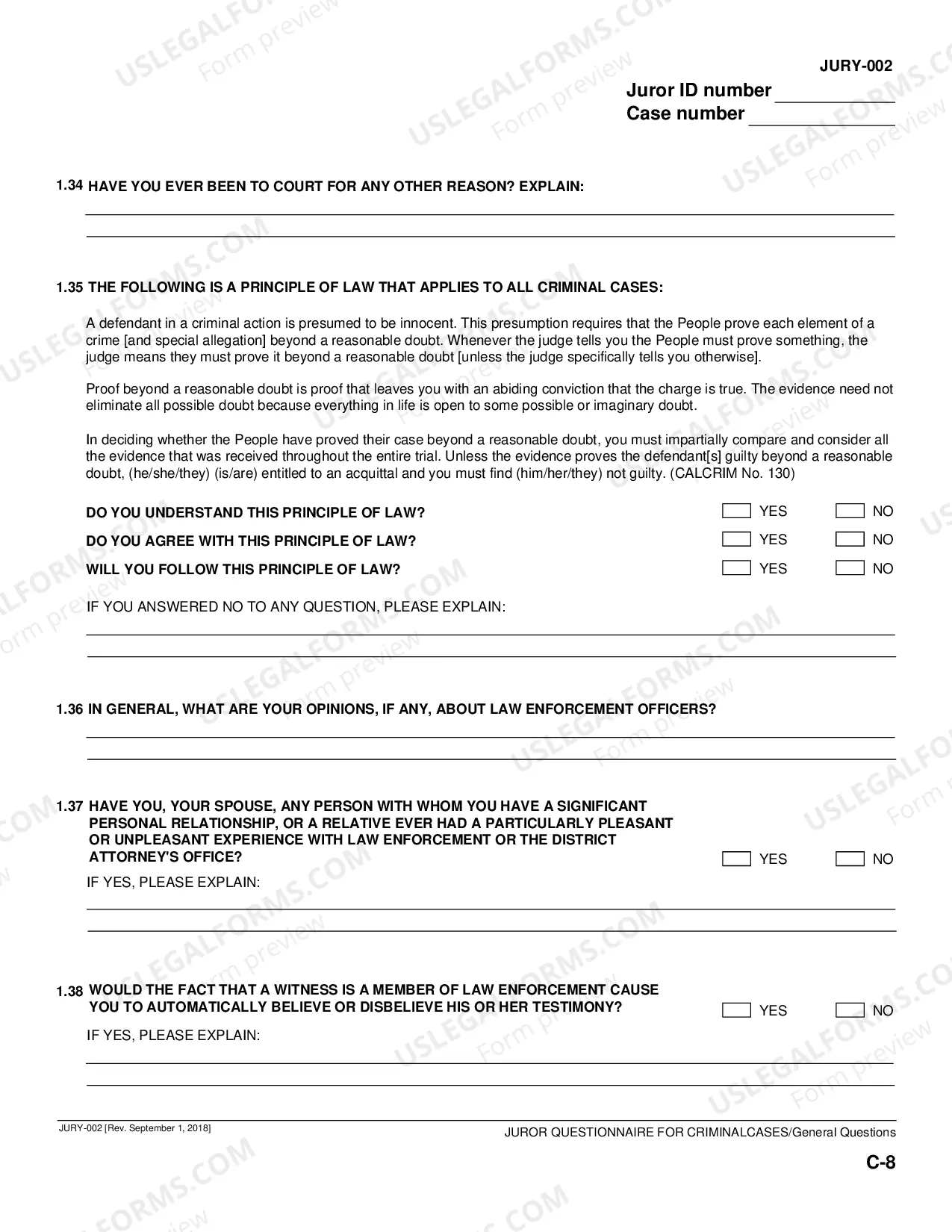 Preview Juror Questionnaire for Criminal Cases