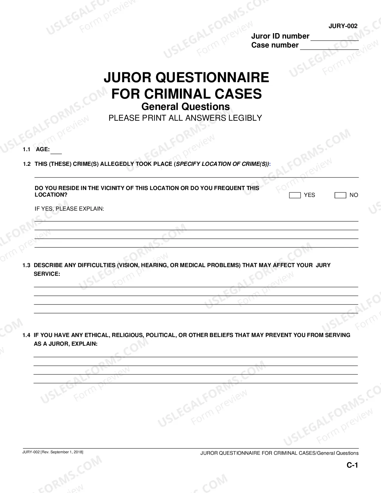 Preview Juror Questionnaire for Criminal Cases