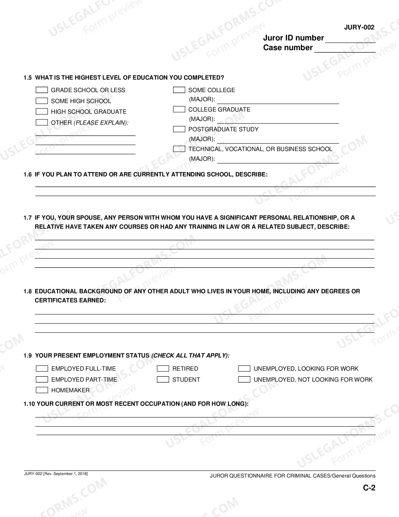 Preview Juror Questionnaire for Criminal Cases