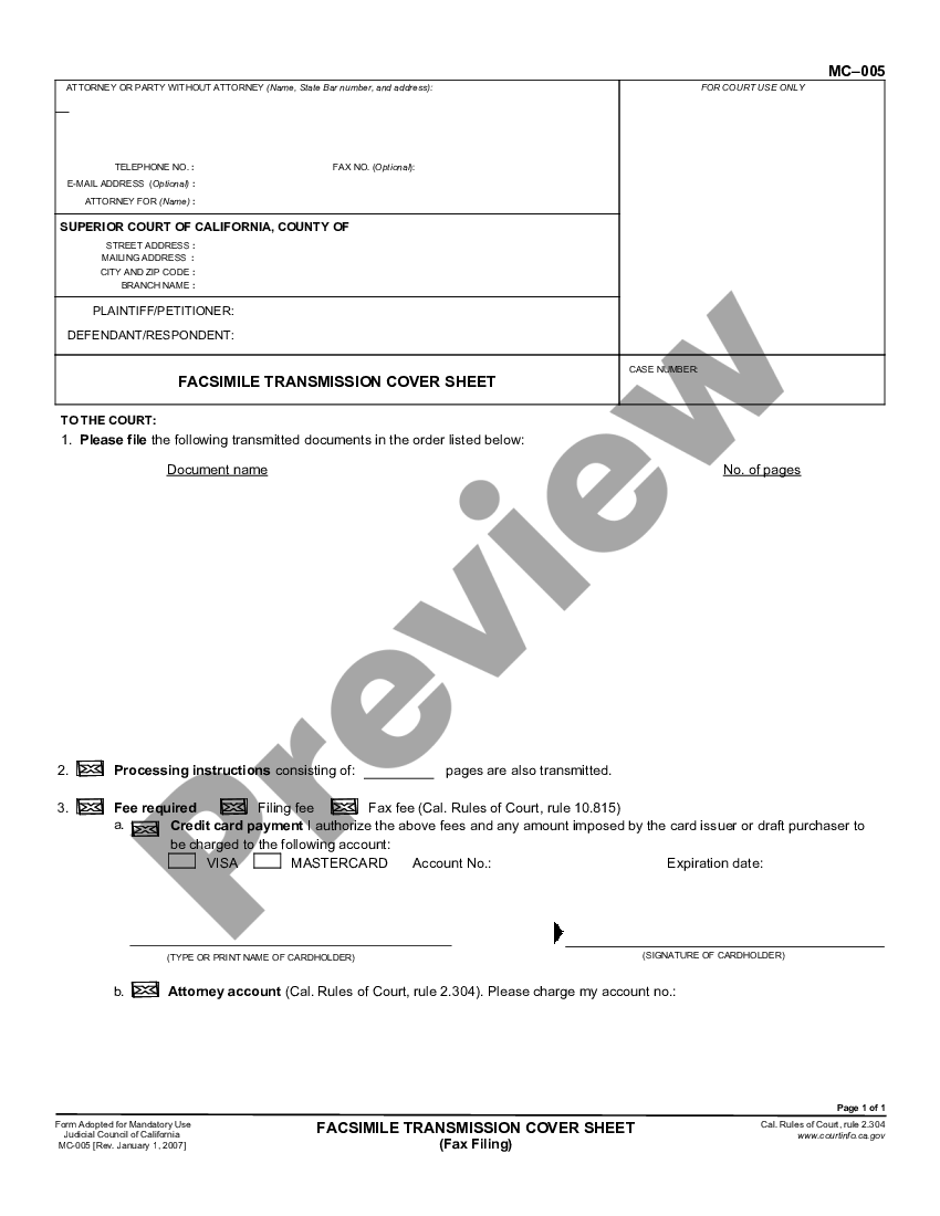 Alameda California Facsimile Transmission Cover Sheet - Fax Filing ...