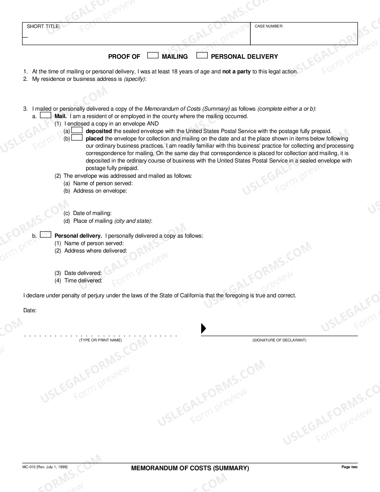 Preview Memorandum of Costs - Summary
