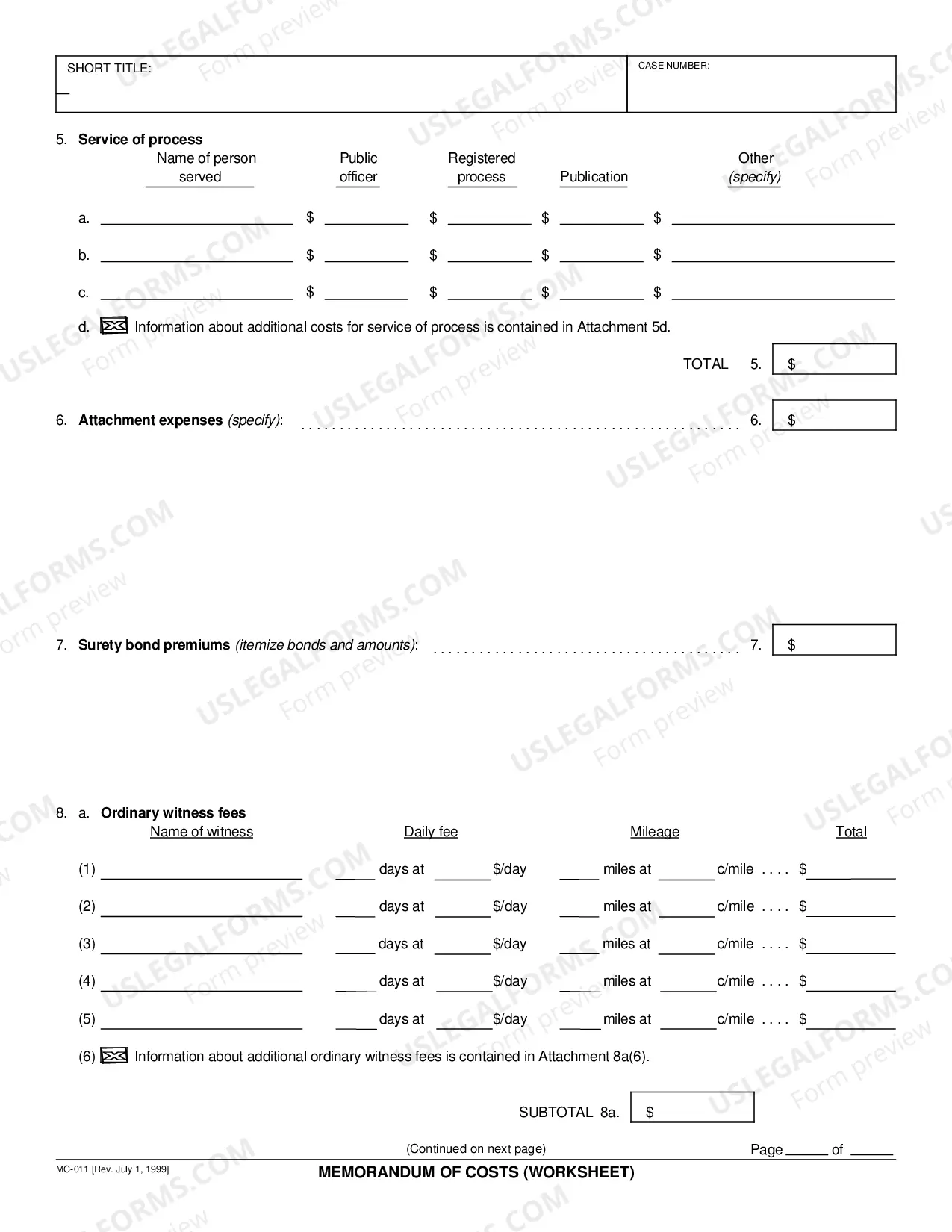 Preview Memorandum of Costs - Worksheet