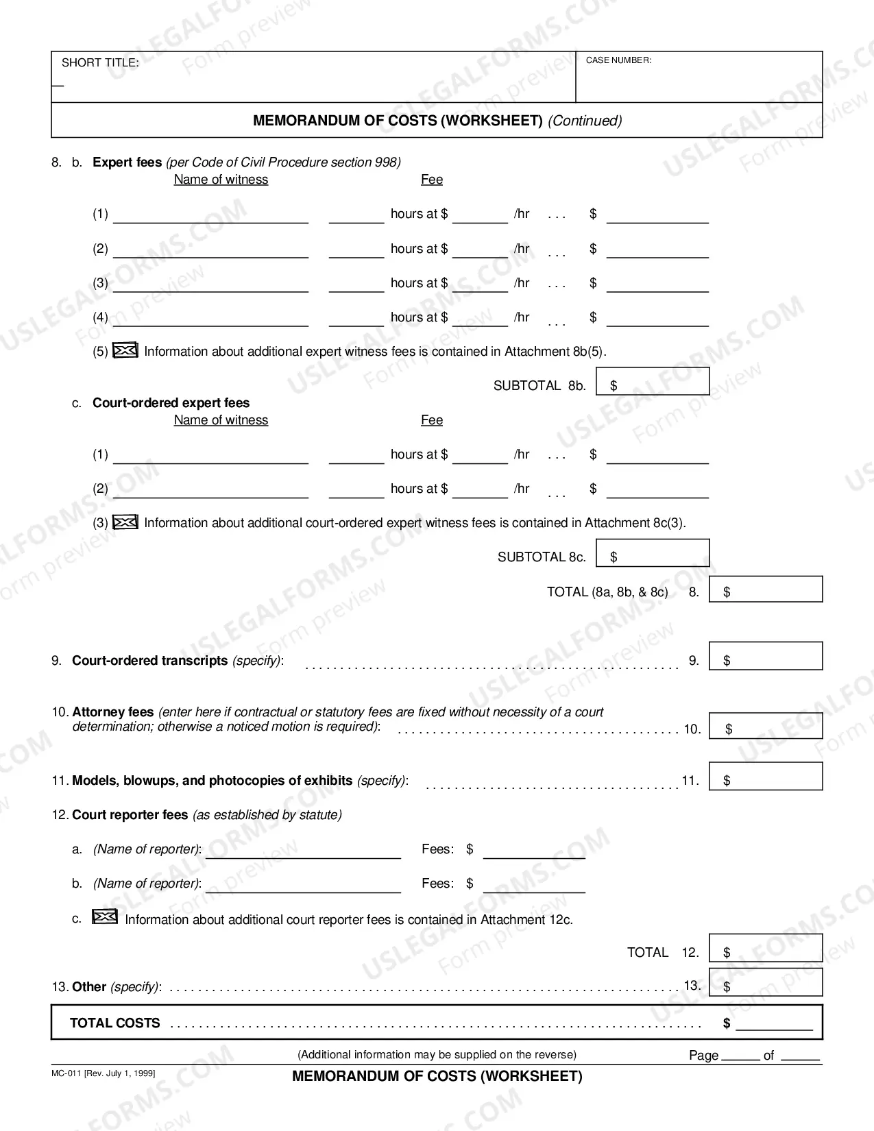 Preview Memorandum of Costs - Worksheet