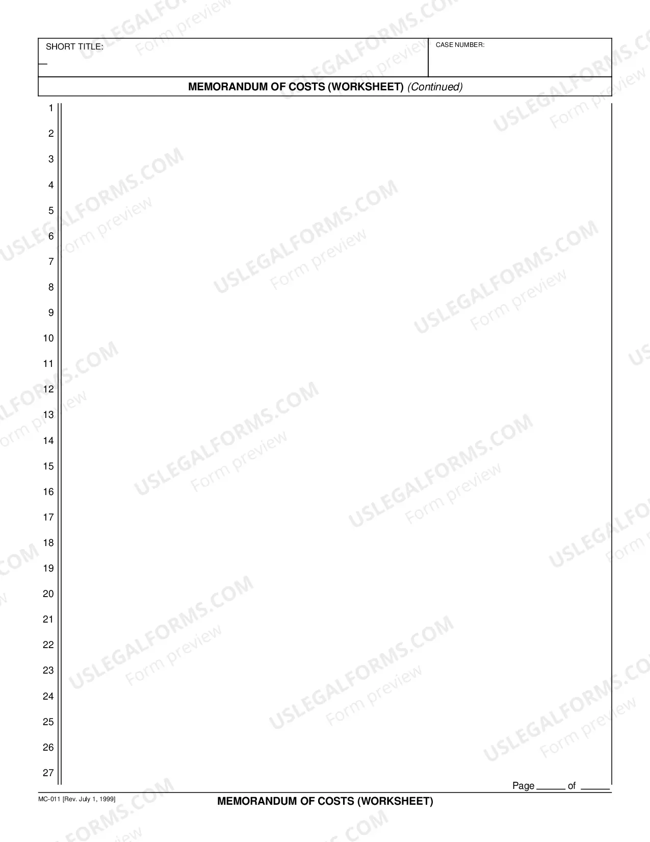 Preview Memorandum of Costs - Worksheet
