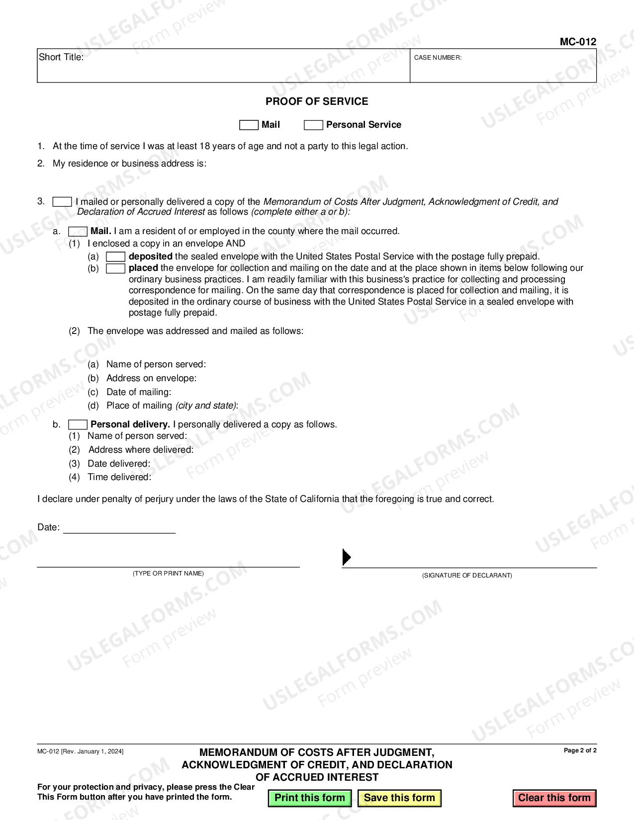 Preview Memorandum of Costs After Judgment, Acknowledgment of Credit, and Declaration of Accrued Interest
