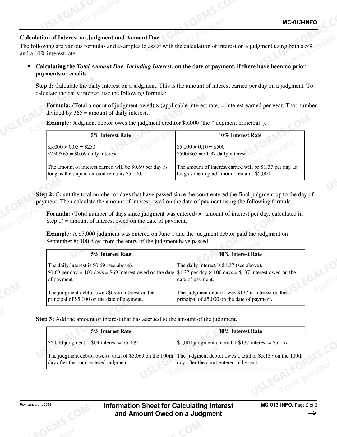 Preview Information Sheet for Calculating Interest and Amount Owed on a Judgment