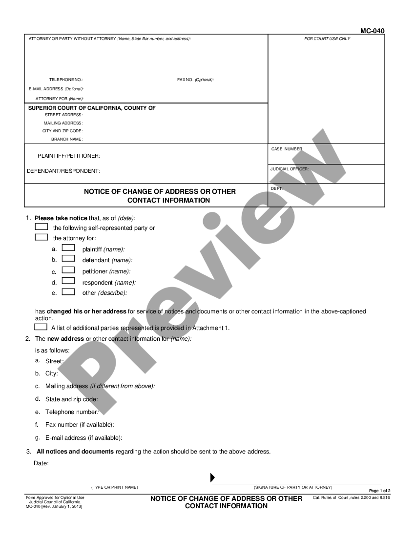 Modesto California Notice of Change of Address and Telephone Number