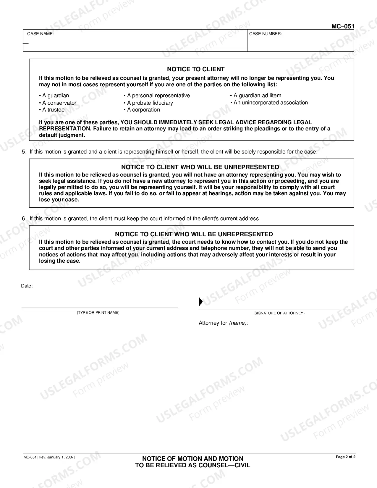 Preview Notice of Motion and Motion to Be Relieved as Counsel - Civil