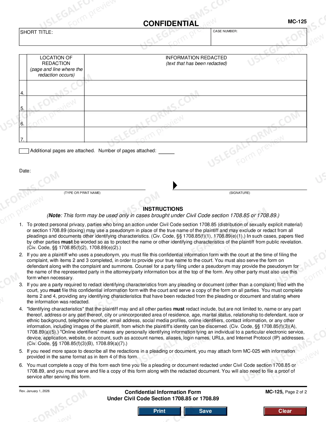Preview Confidential Information Form Under Civil Code Section 1708.85