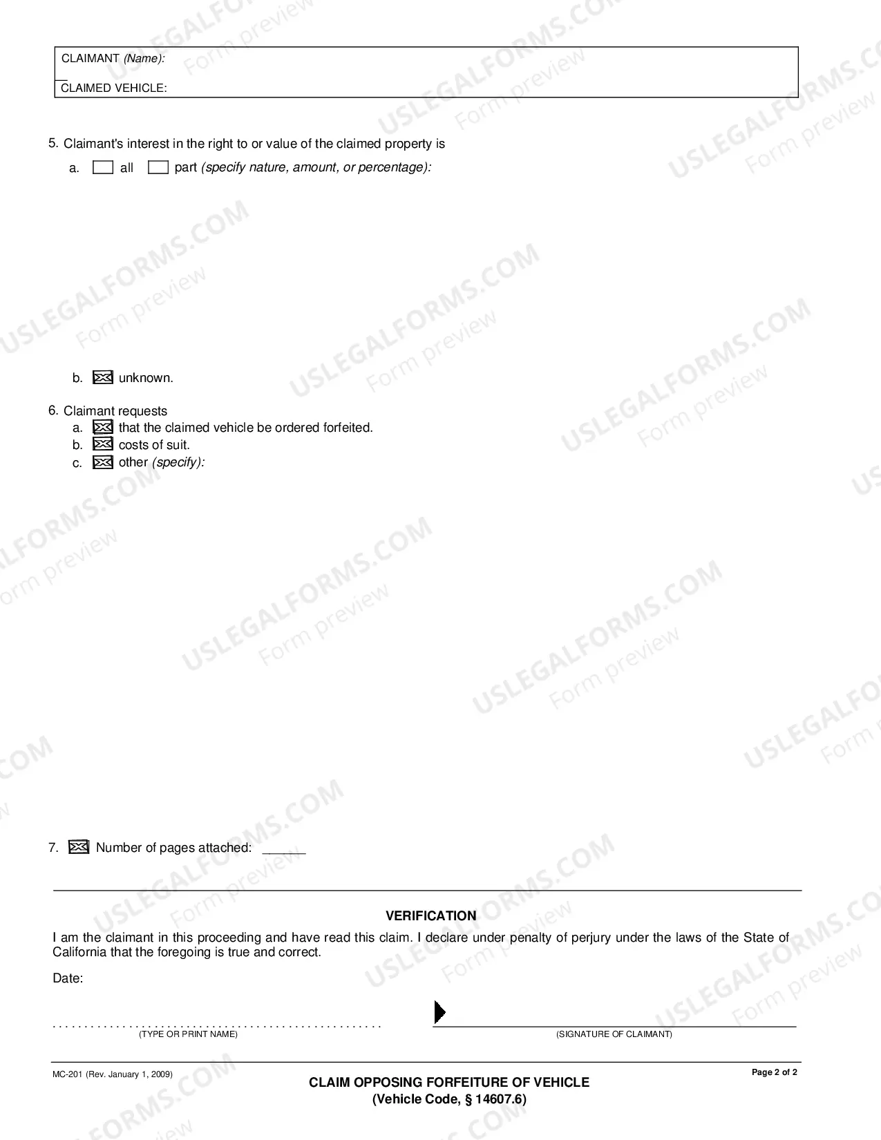 Preview Claim Opposing Forfeiture of Vehicle