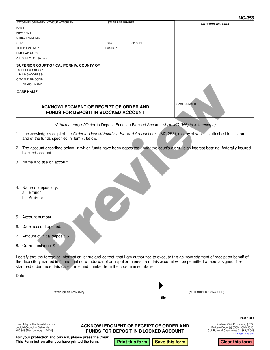 form Receipt and Acknowledgment of Order for the Deposit of Money into Blocked Account preview