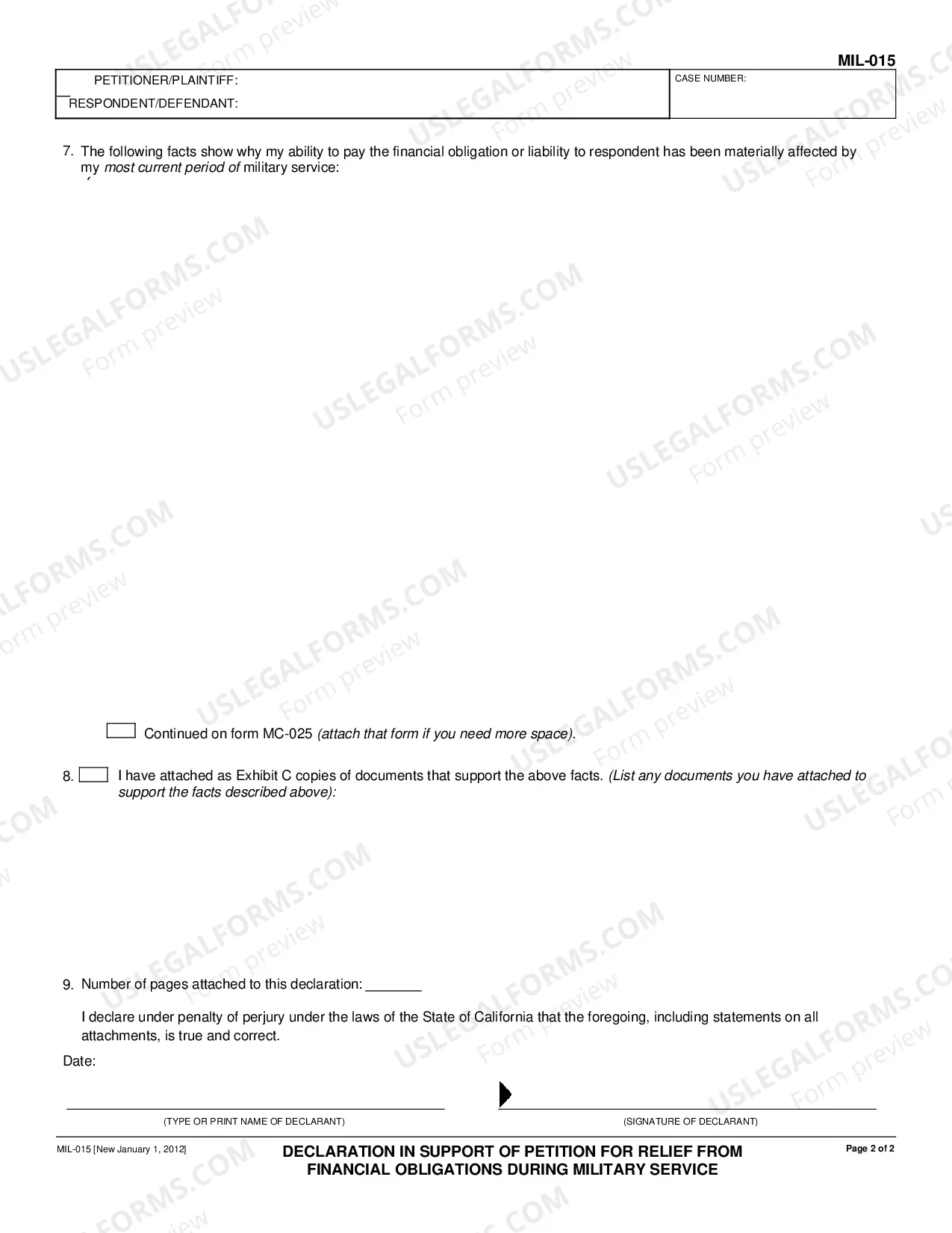 Preview Declaration in Support of Petition for Relief from Financial Obligations during Military Service