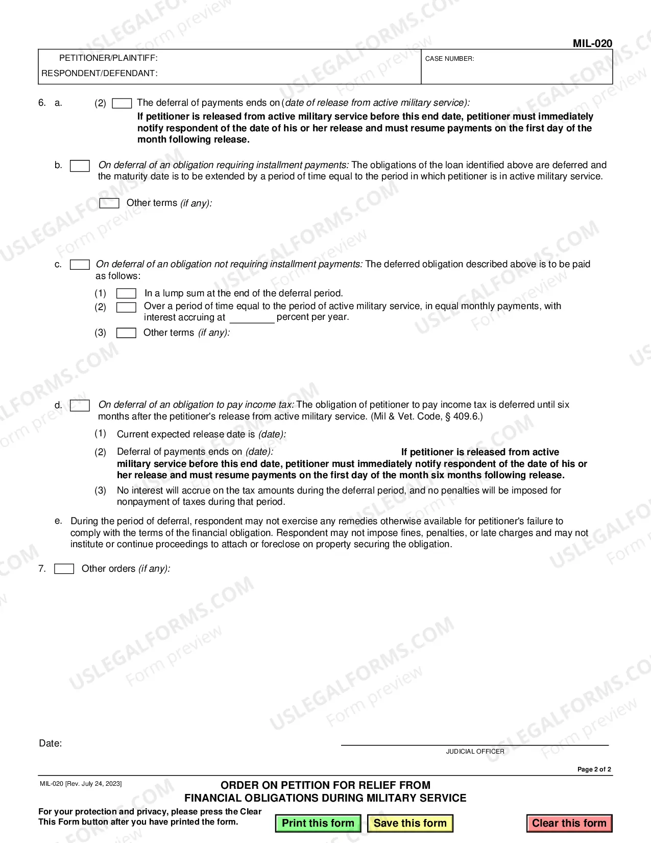 Preview Order on Petition for Relief from Financial Obligations during Military Service