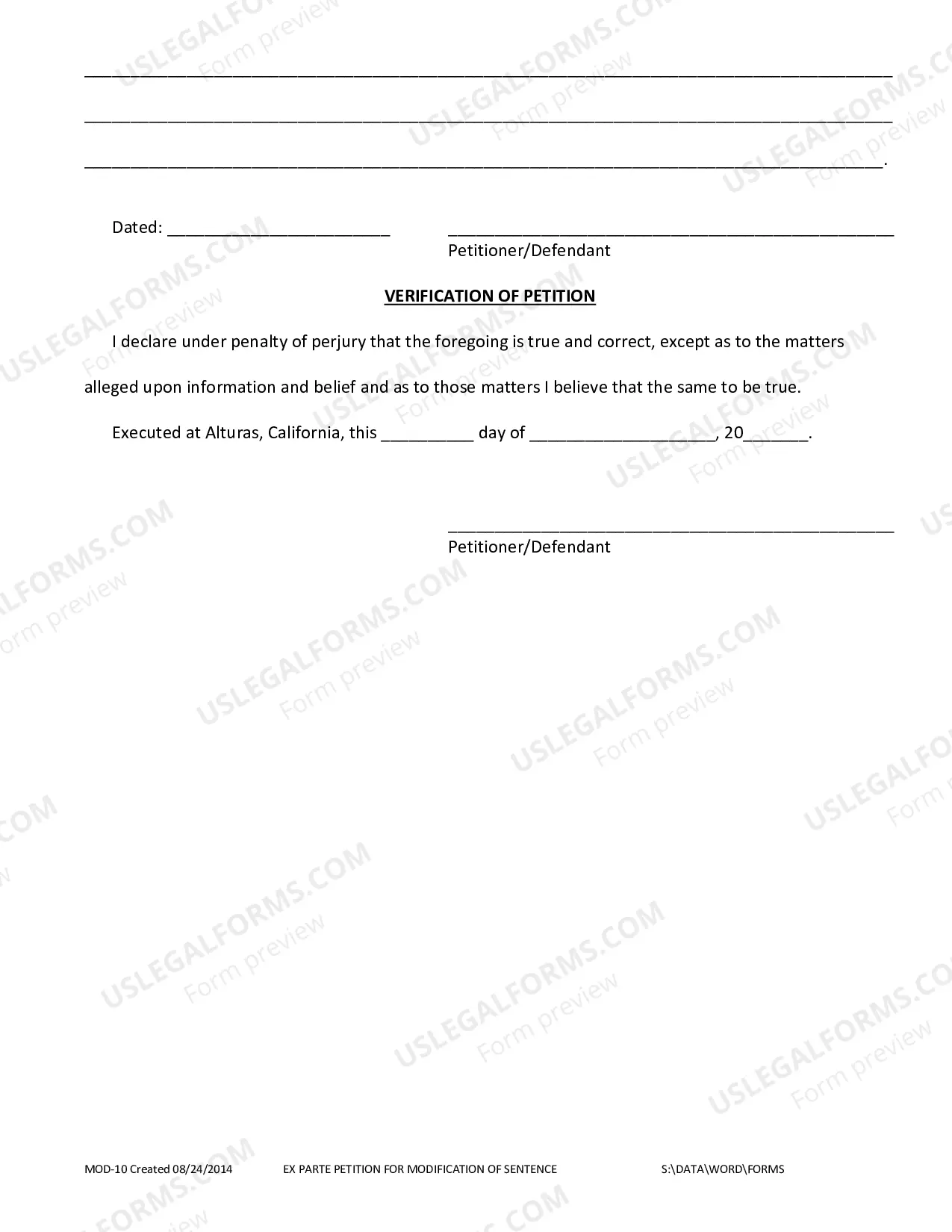 Preview Ex Parte Petition For Modification Of Sentence