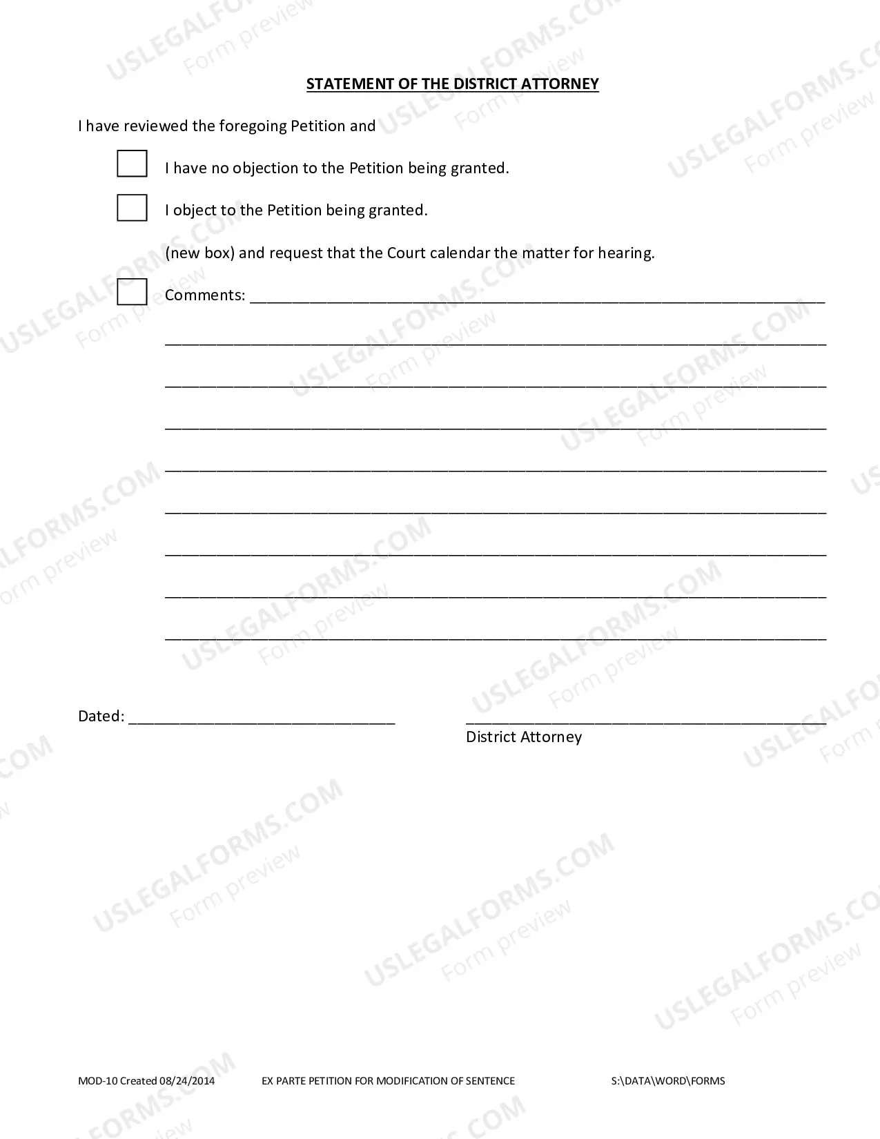 Preview Ex Parte Petition For Modification Of Sentence