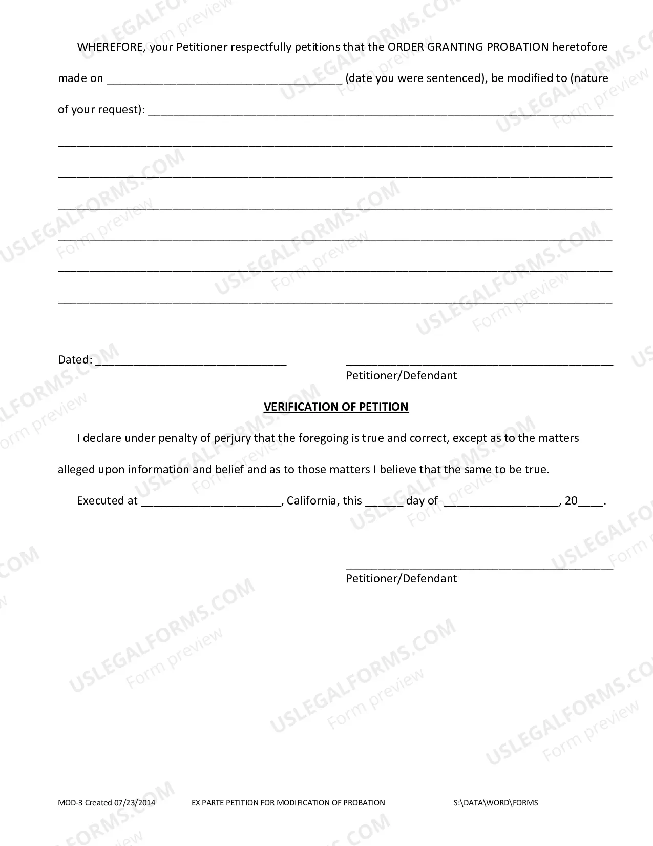 Preview Ex Parte Petition For Modification Or Probation