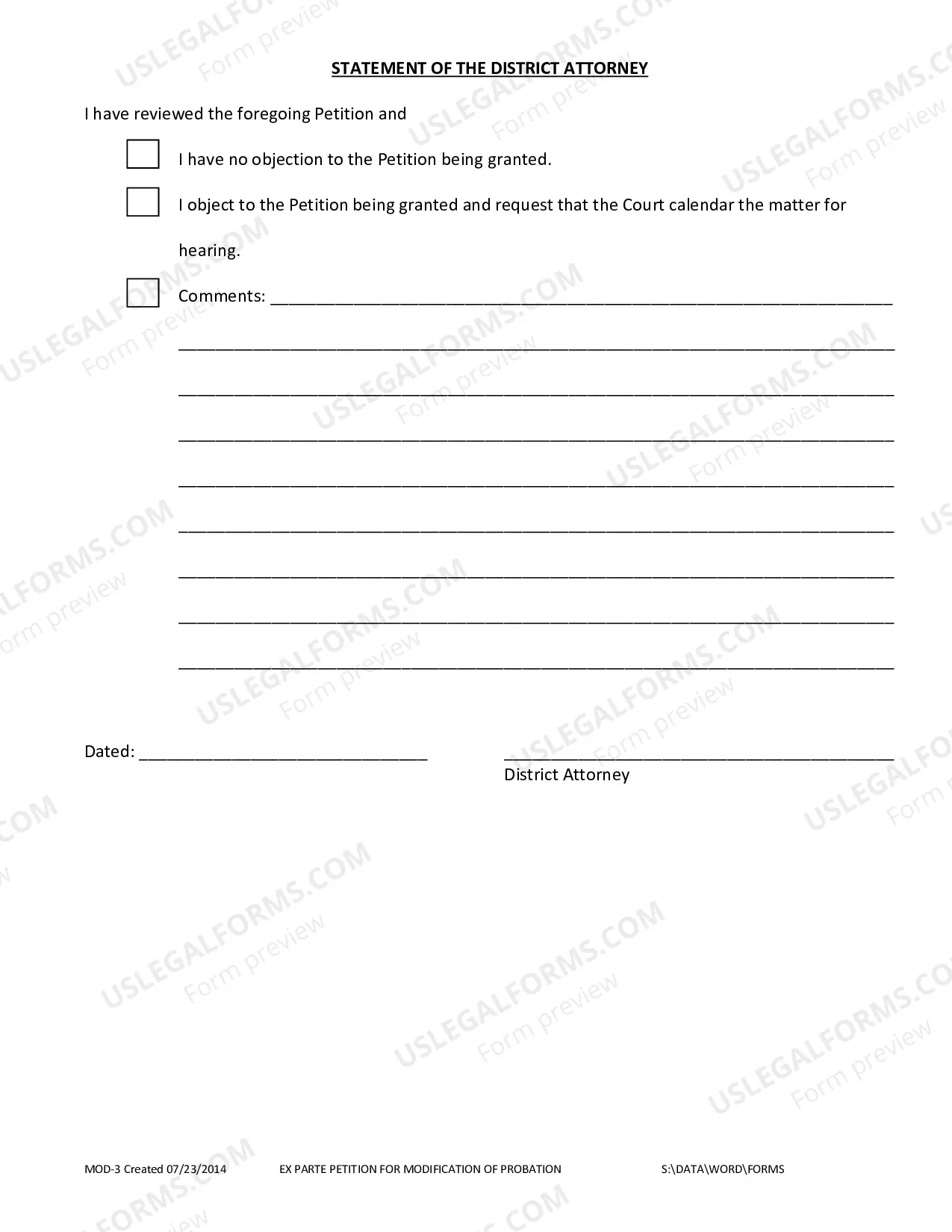 Preview Ex Parte Petition For Modification Or Probation