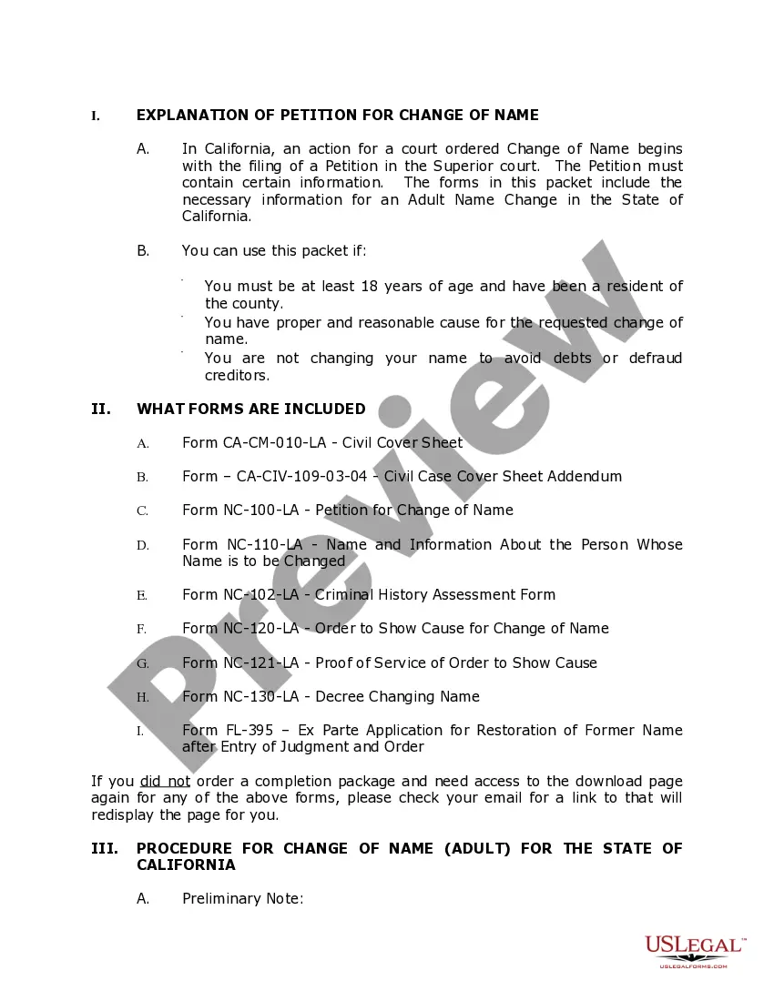 Preview California Name Change Instructions and Forms Package - Los Angeles County Only - Adult Only