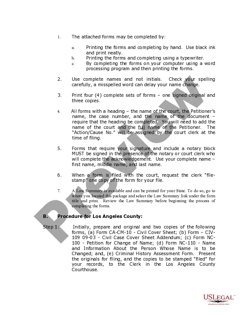 Preview California Name Change Instructions and Forms Package - Los Angeles County Only - Adult Only