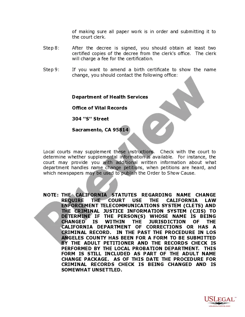 Preview California Name Change Instructions and Forms Package - Los Angeles County Only - Adult Only