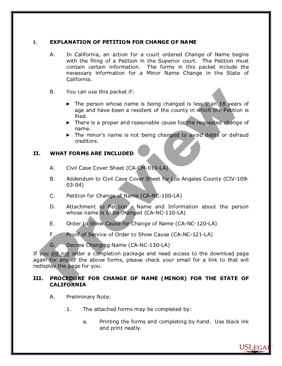 page 1 California Name Change Instructions and Forms Package - Los Angeles County Only - Minor Only preview